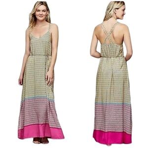 GAP Maxi Dress Tie Waist Sleeveless V-Neck Pockets Mixed Print Rayon Pink | Sz M